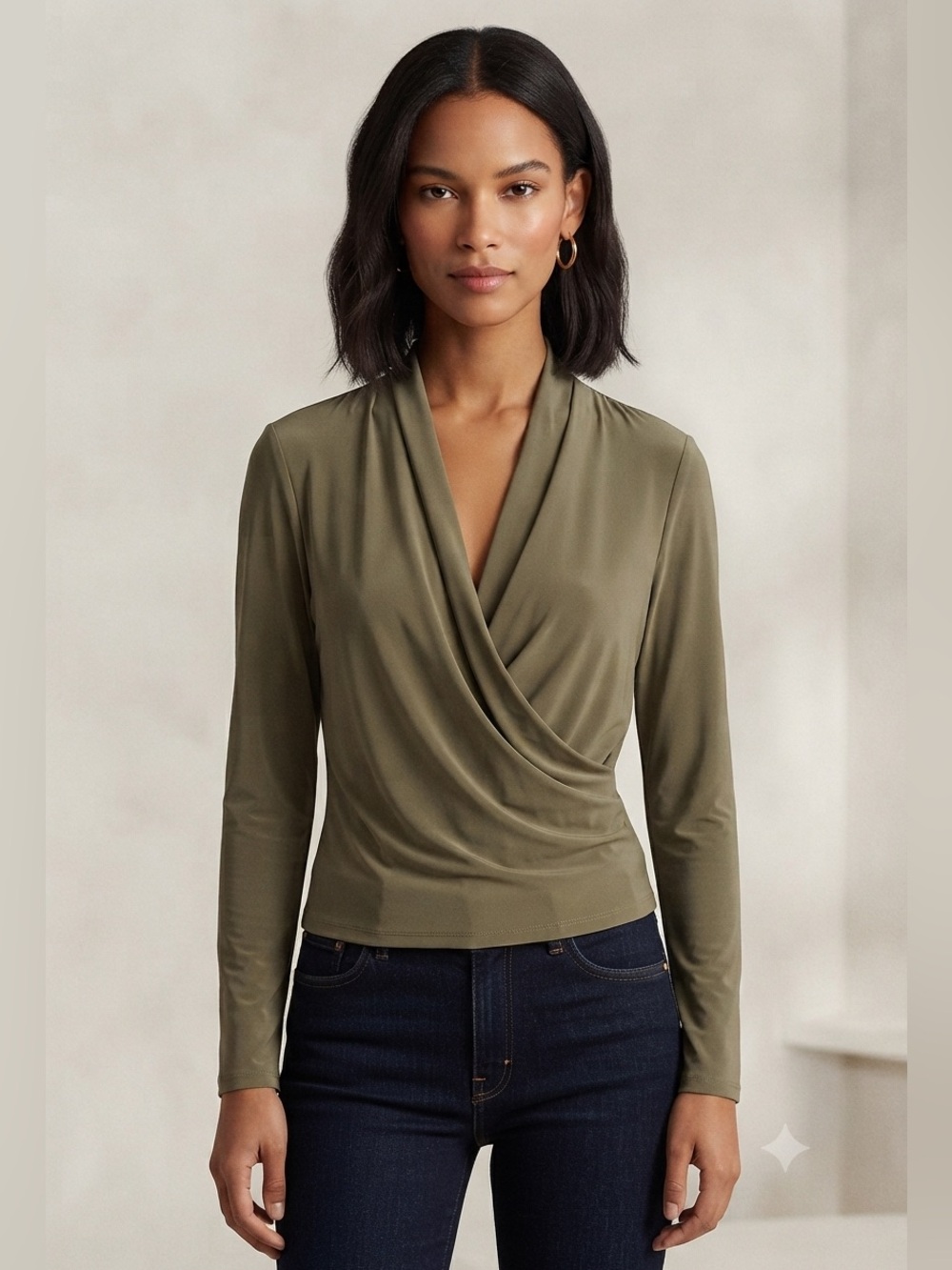 DKNY Women’s olive green Matte Jersey Faux Wrap Top Long Sleeve Size L